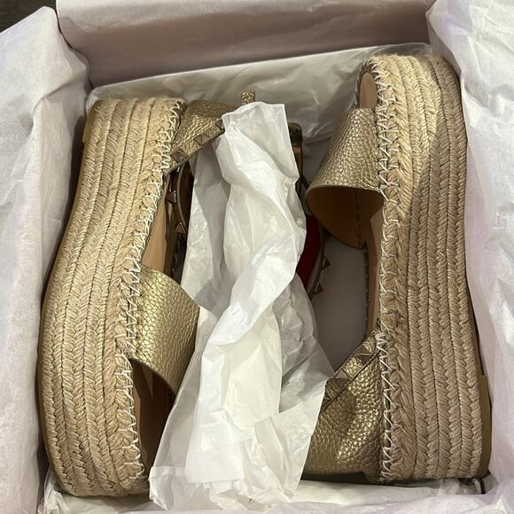 VALENTINO GARAVANI Metallic Rockstud Ankle Wrap Espadrille Flatform Sandals 38 - Picture 6 of 12